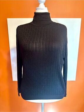 Barry Bricken 100% Silk Black Cable Knit Turtleneck Sweater Size L